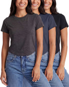 Real Essentials 3 Pack Women's Cropped Cap Sleeve Tops Cotton Basic Tees Going Out Shirts - Solid Black, Solid Navy Blazer, Charcoal Heather