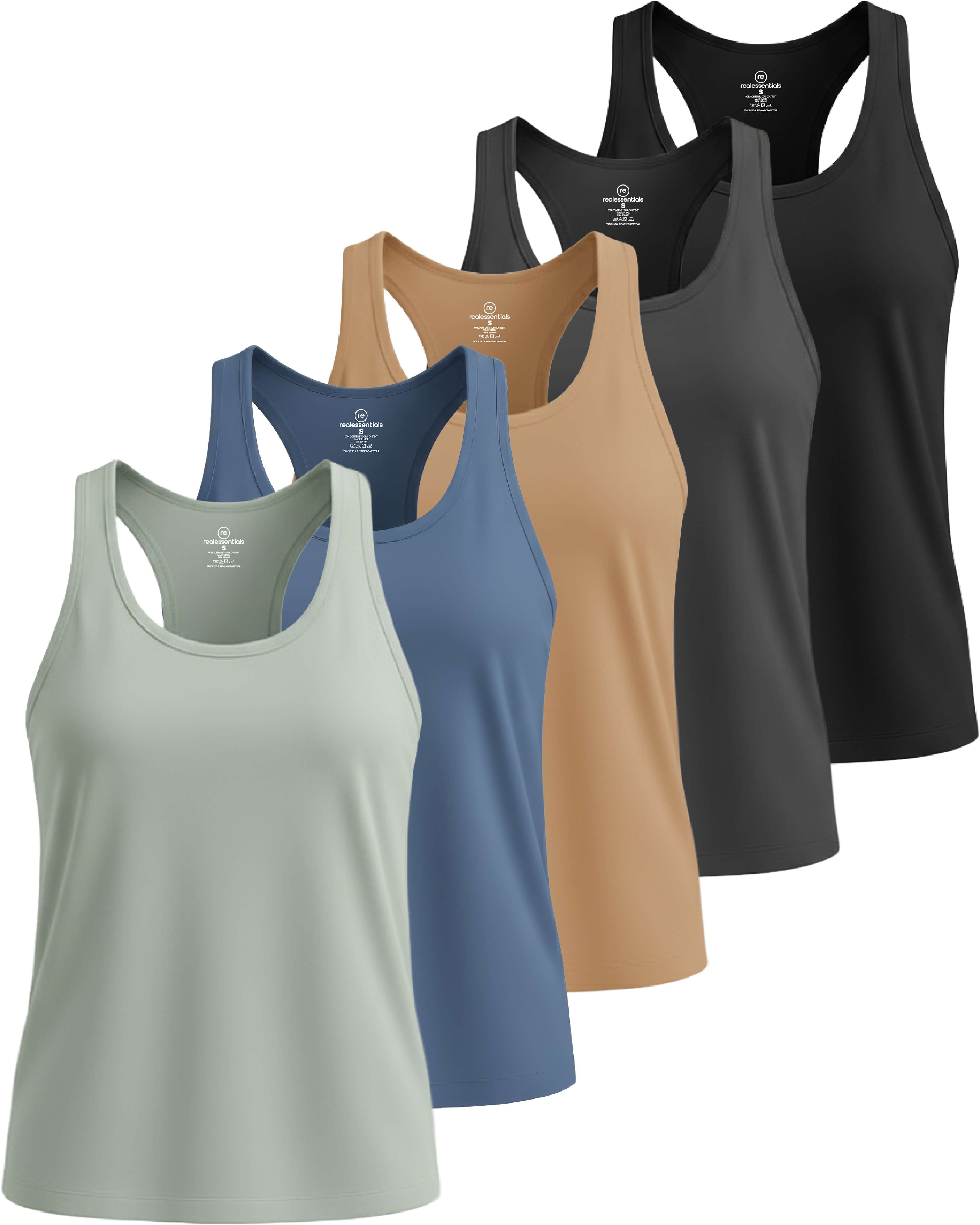 Real Essentials 5 Pack: Women's Dry Fit Tank Top - Racerback Sleeveless Workout Athletic Gym Shirt (Available in Plus)