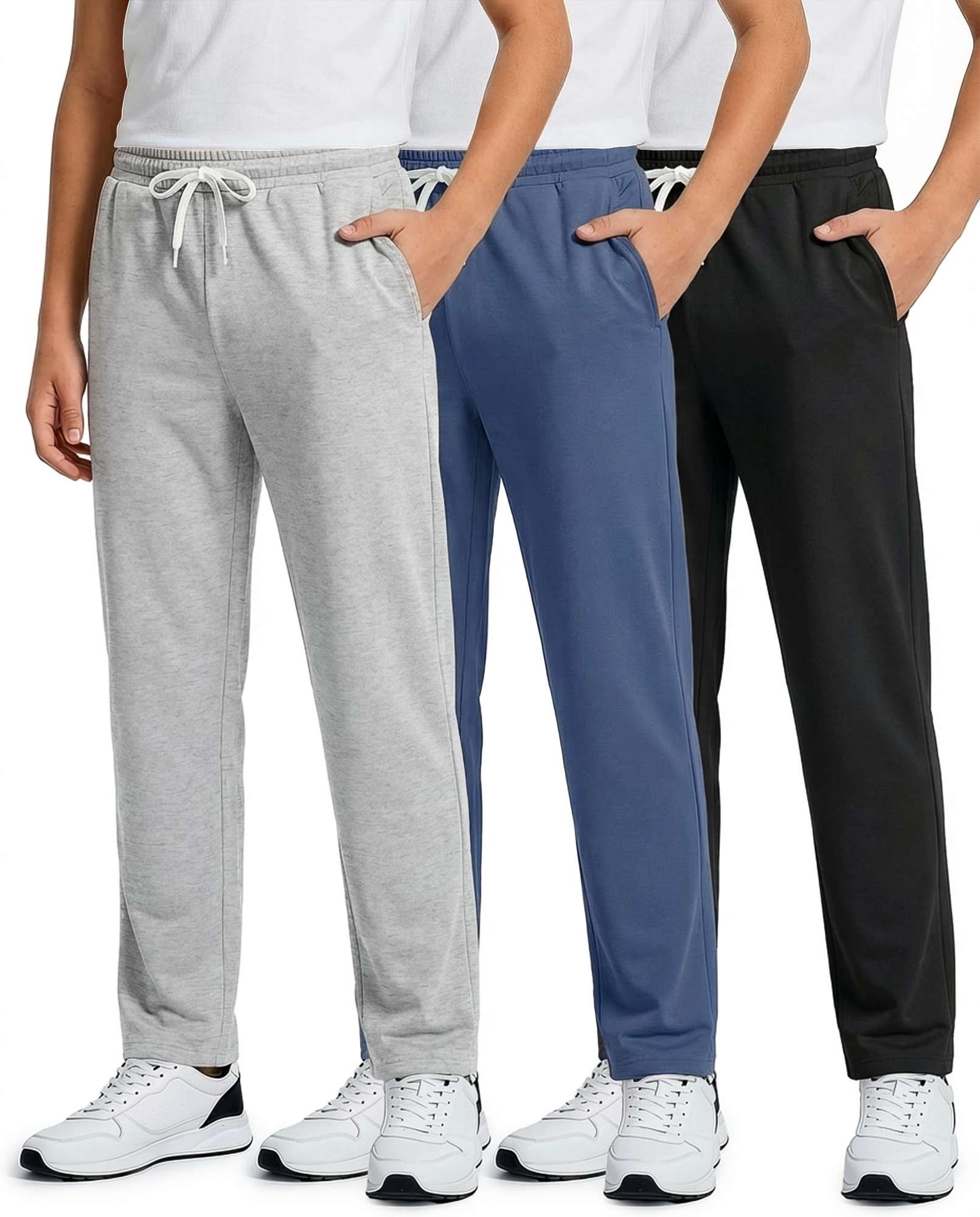 Real Essentials 3 Pack: Boys' French Terry Open Bottom Sweatpants Sweats for School Kids Teens with Pockets (Size 4-18)