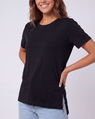 Real Essentials 3 Pack Women's Cotton Tshirts Split Hem Short Sleeve Crew Neck Tees Tops - Solid Black, Solid Black, Solid Black