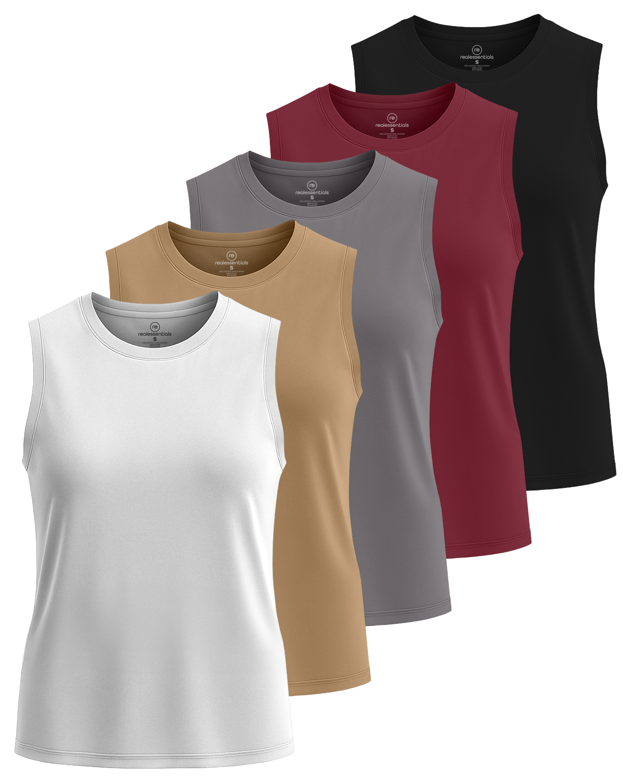 Real Essentials 5 Pack: Women's Dry-Fit Tank Top - Racerback Sleeveless T-Shirt Athletic Workout Gym Shirt (Plus Available)
