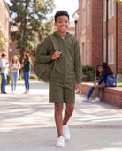 Real Essentials 3 Pack Boys' Fleece Shorts Athletic Gym Kids Teens Pajama Sleep Pockets - Solid Black, Solid Martini Olive, Solid Sleet