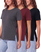 Real Essentials 3 Pack Women's Cotton Tshirts Split Hem Short Sleeve Crew Neck Tees Tops - Solid Black, Solid Burgundy, Charcoal Heather