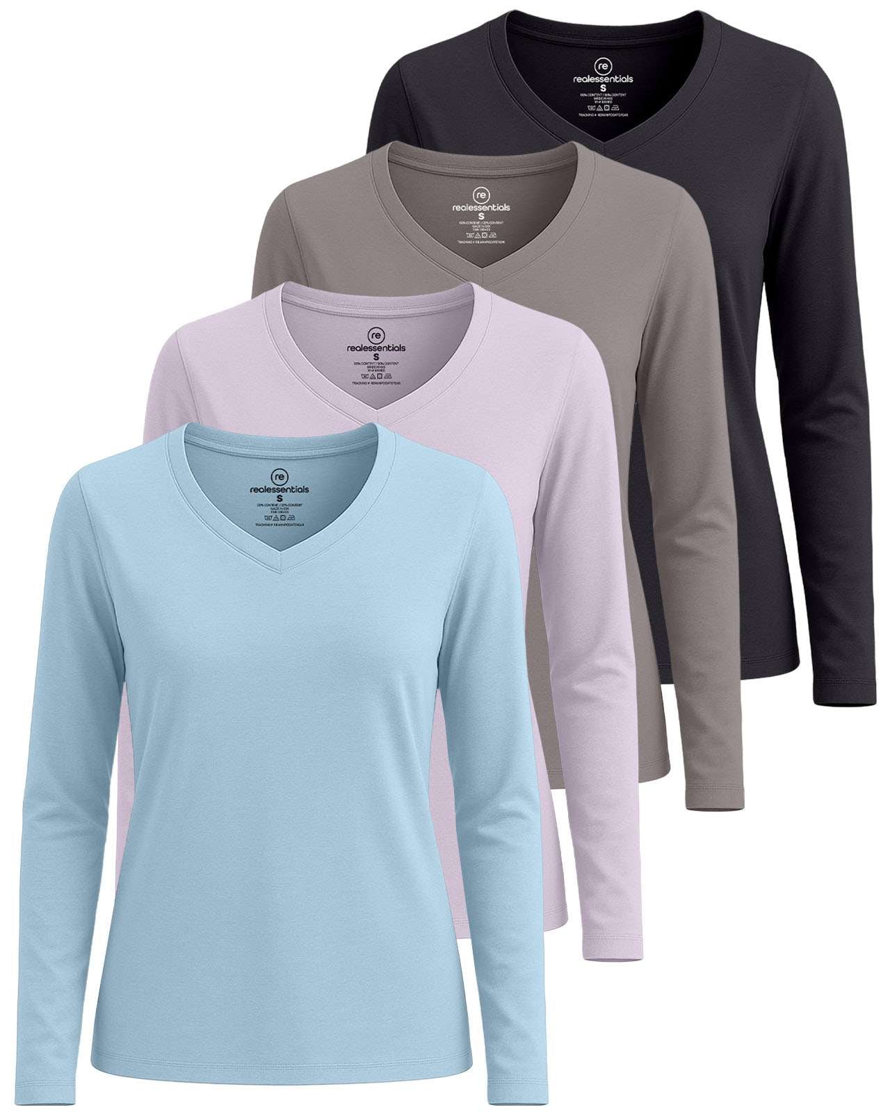 Real Essentials 4 Pack: Women’s Cotton Long Sleeve V-Neck T-Shirts – Soft Casual Lounge Tee Tops (Available in Plus)