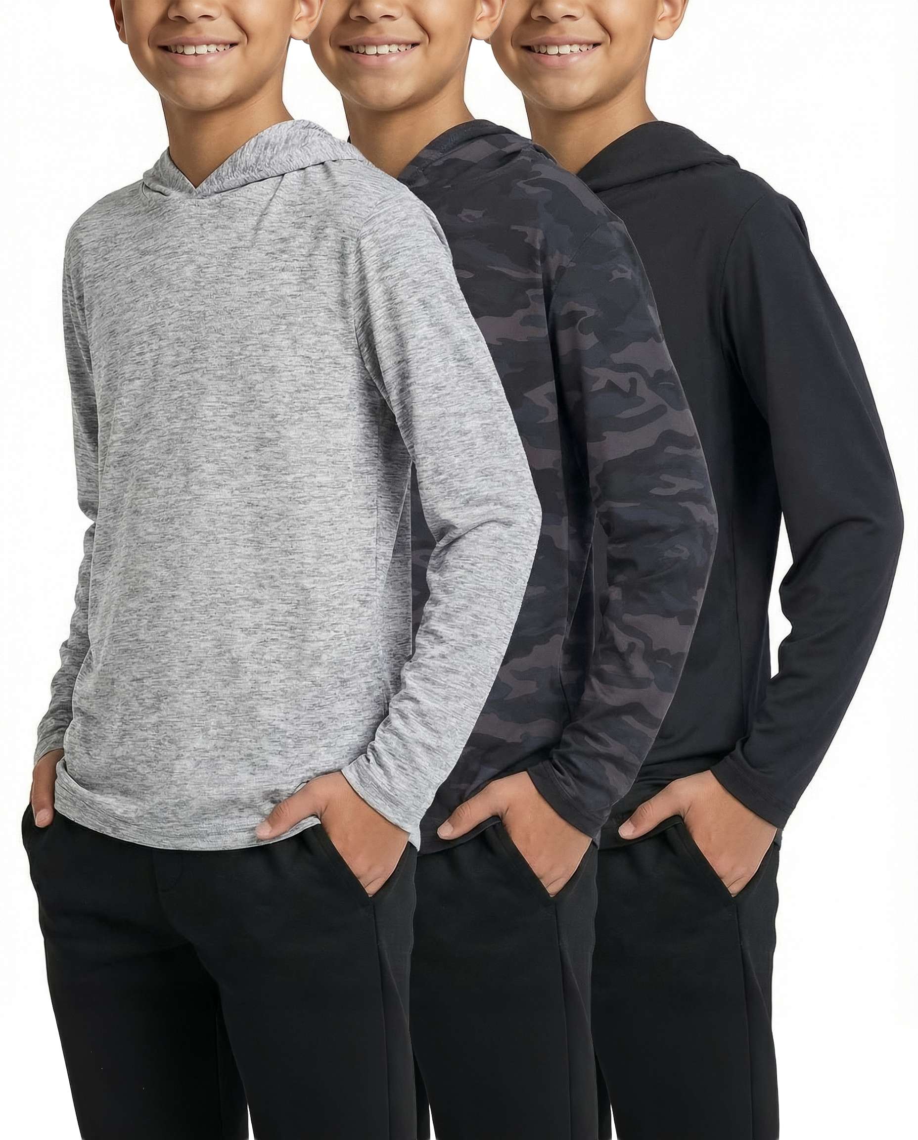 3 Pack: Boys Dry Fit Long Sleeve Active Pullover Hoodie Sweatshirt