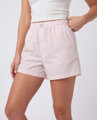 Real Essentials 3 Pack Women's Cotton Pajama Shorts Boxer Lounge Sleepwear PJs with Pockets - Black Gingham, Mineral Red Gingham, Pale Lilac Gingham