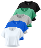 Real Essentials 5 Pack Women's Dry Fit Crop Top Workout T Shirts Short Sleeve Athletic Gym - Set 11
