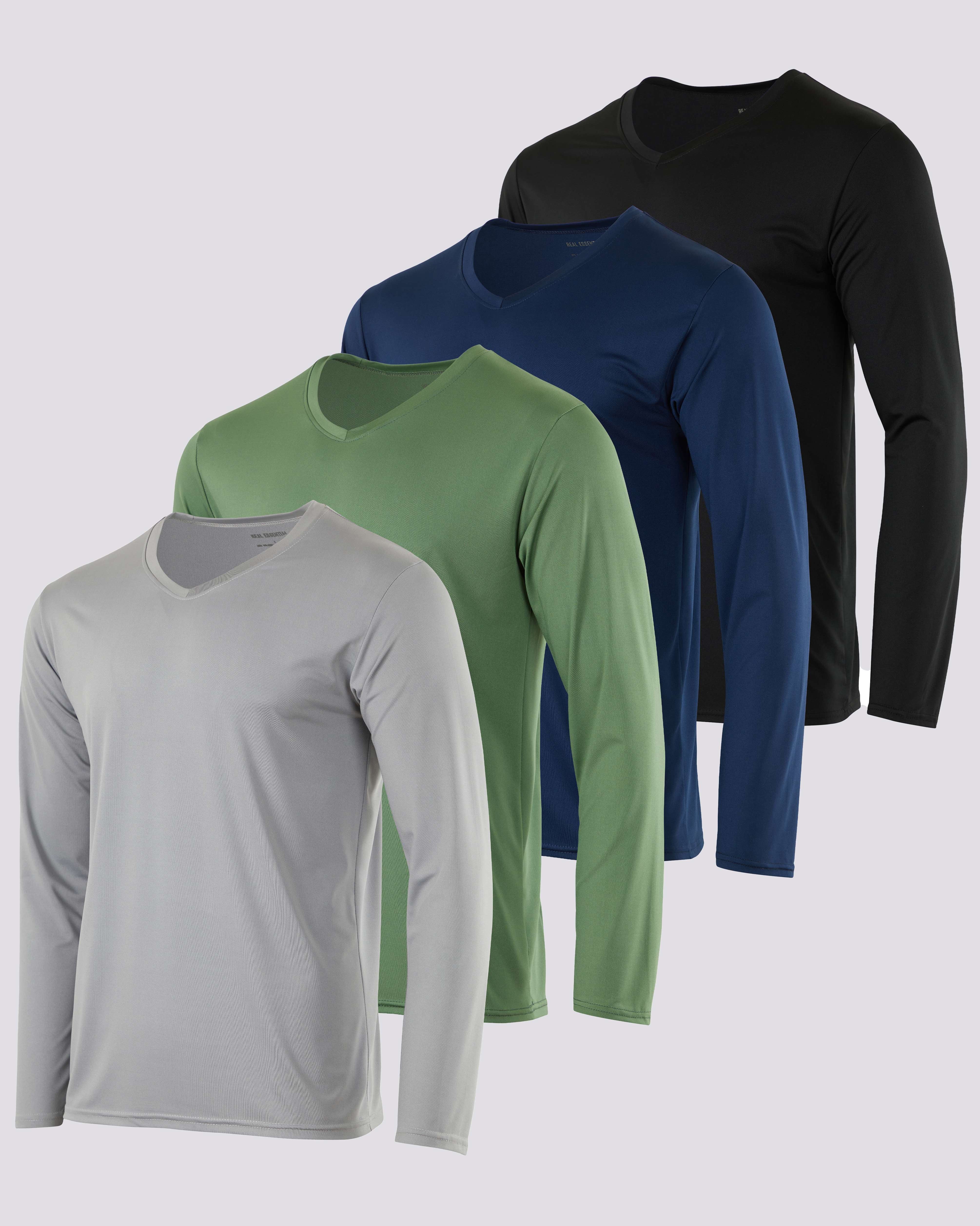 4 Pack: Mens V-Neck Long Sleeve Dry Fit T-Shirt
