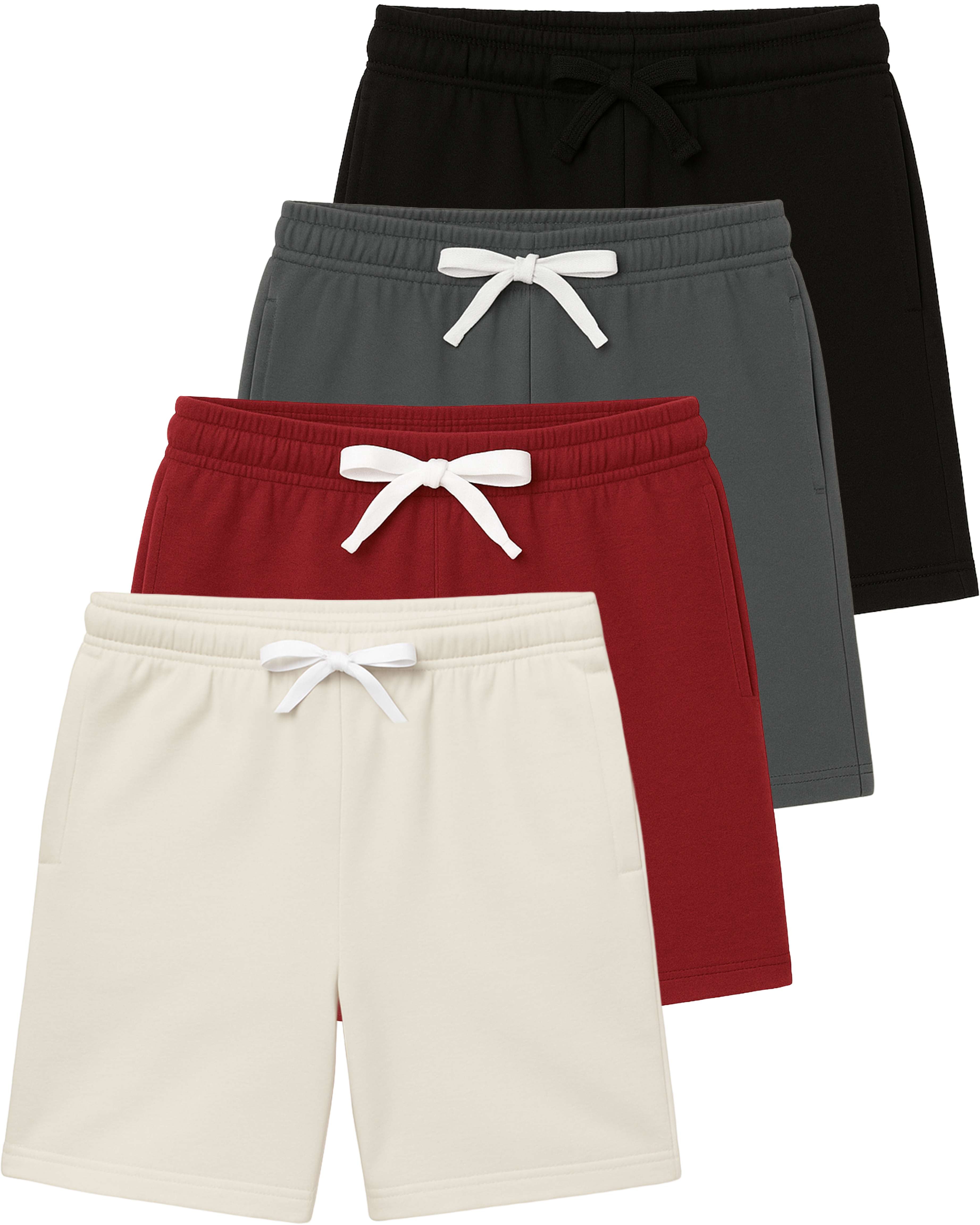 Real Essentials  4 Pack: Boys Fleece Lounge Shorts – Soft Pull-On Gym, School, Sleep & Active Sports Shorts for Kids