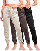 Real Essentials 3 Pack Women Velour Velvet Joggers Sweatpants Pants Cozy Lounge Pull On - Solid Black, Solid Chocolate Torte, Solid Moonbeam
