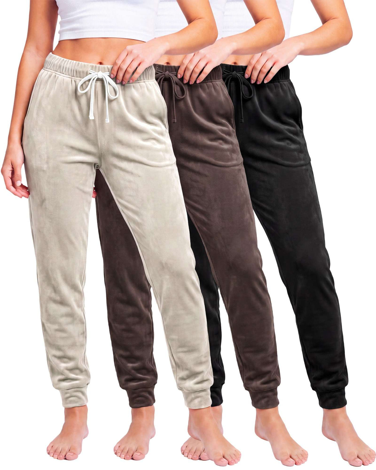 Real Essentials 3 Pack Women Velour Velvet Joggers Sweatpants Pants Cozy Lounge Pull On - Solid Black, Solid Chocolate Torte, Solid Moonbeam