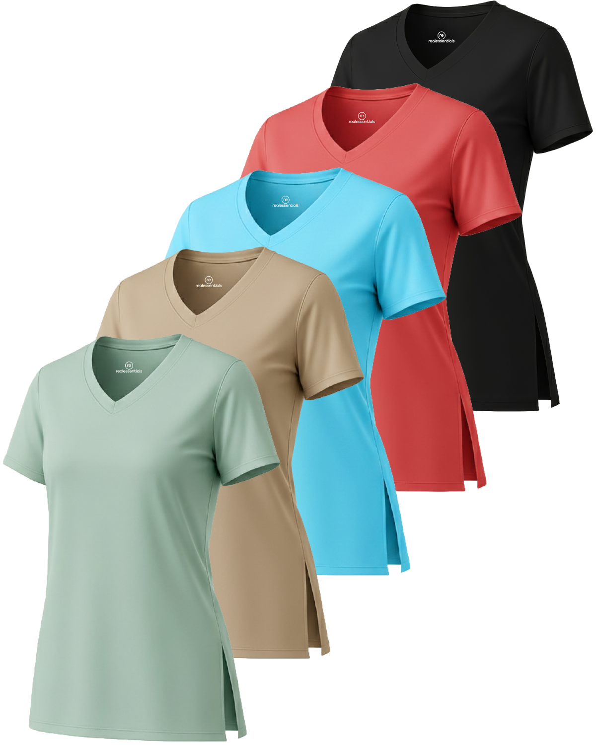 Real Essentials 5 Pack: Women's Short Sleeve Split Hem V-Neck T-Shirts, Athletic Tops, Gym, Workout, Yoga, Activewear (Plus)