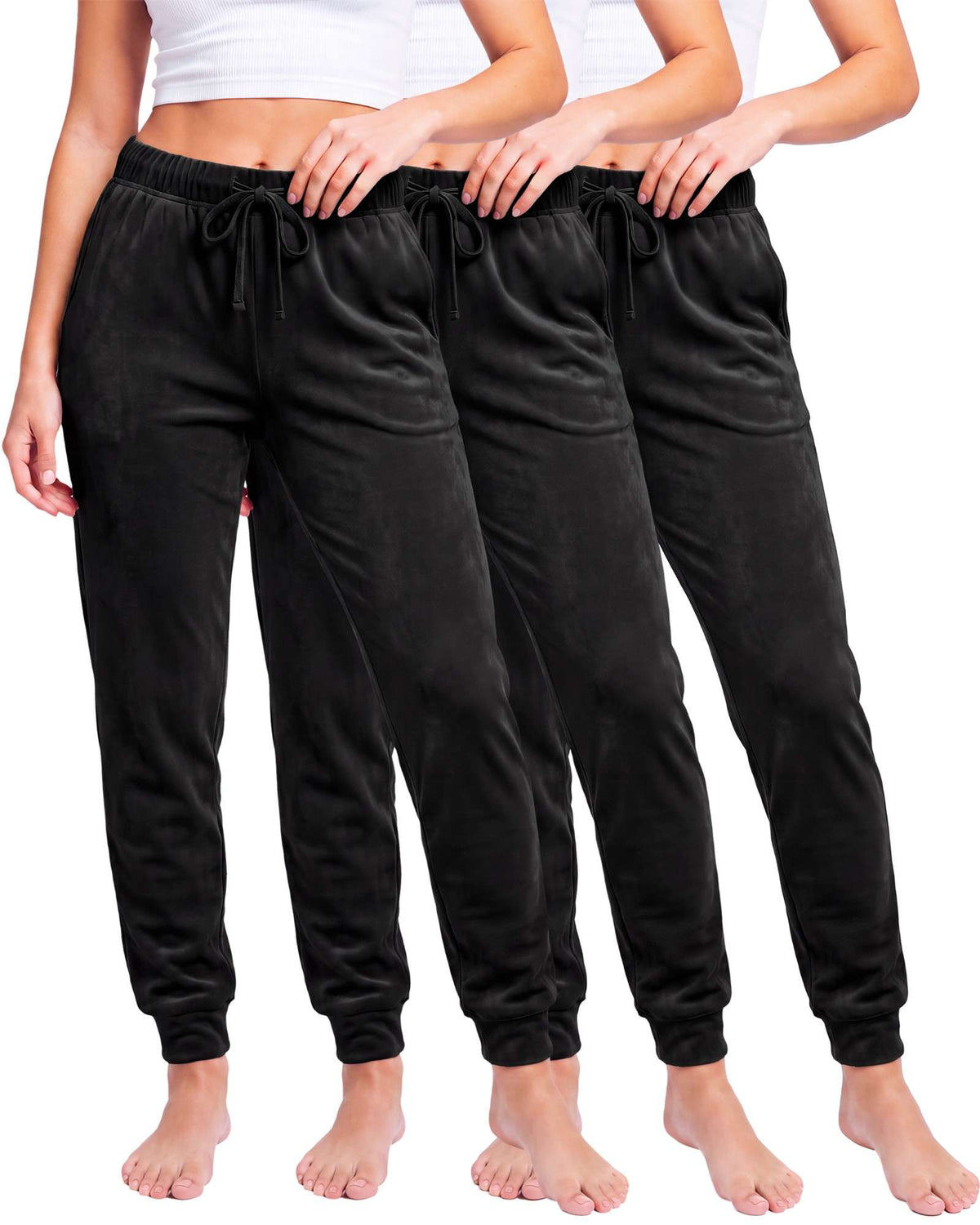 Real Essentials 3 Pack Women Velour Velvet Joggers Sweatpants Pants Cozy Lounge Pull On - Solid Black, Solid Black, Solid Black