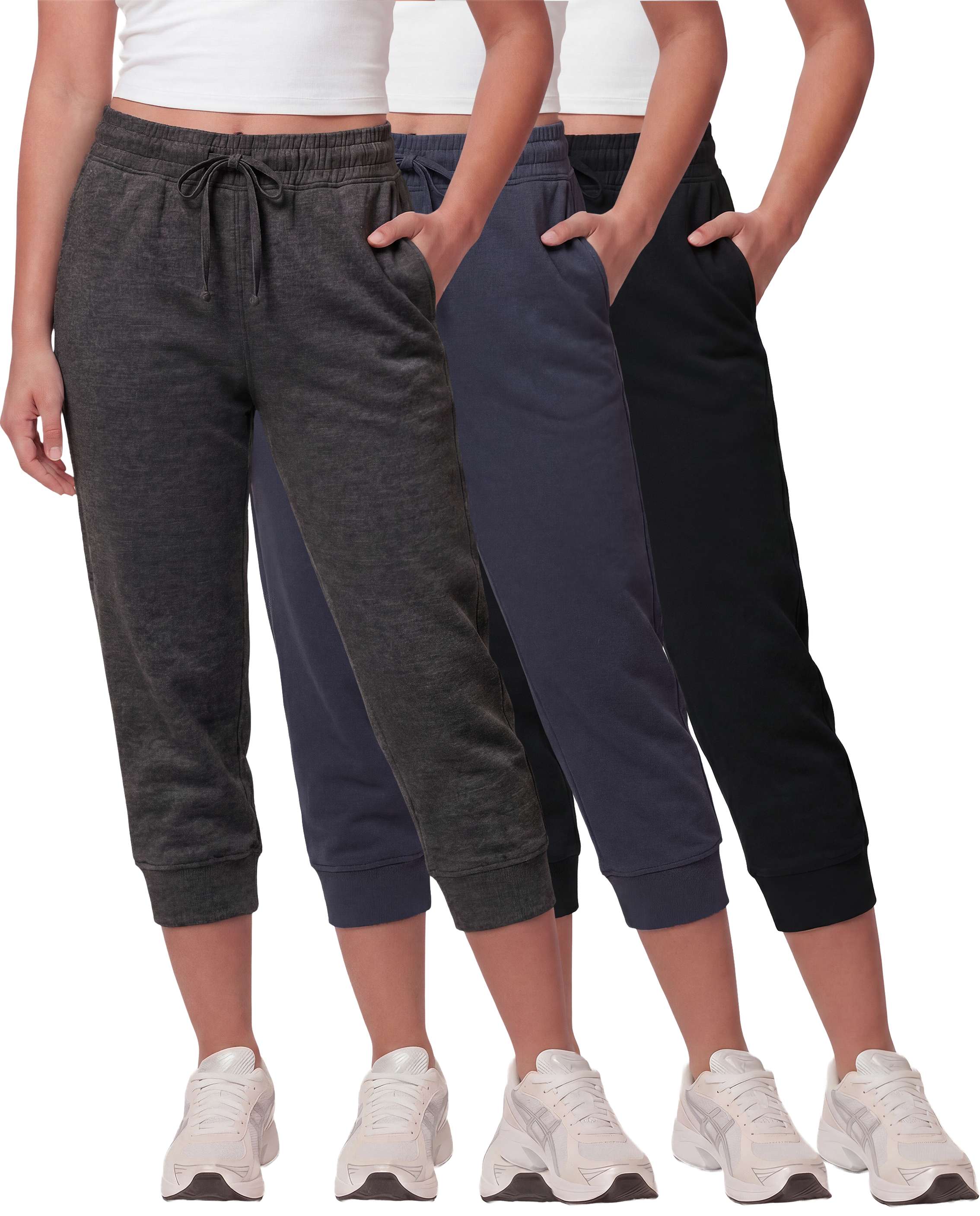 Real Essentials 3 Pack: Women’s Fleece Capri Joggers Athletic Lounge Gym Running Sweatpants with Pockets