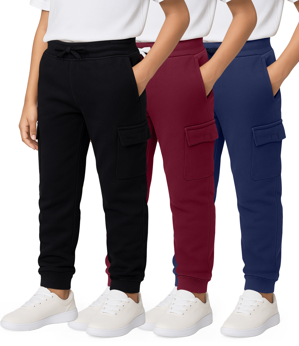 Real Essentials 3 Pack Boys' Cotton Cargo Fleece Joggers Sweatpants Pockets Athletic Kids - Set 3