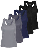 Real Essentials 5 Pack Women's Racerback Crop Tank Tops Dry Fit Workout Athletic Gym Yoga - Solid Black, Solid Black, Solid Navy Blazer, Solid Quiet Shade, Solid Ultimate Grey