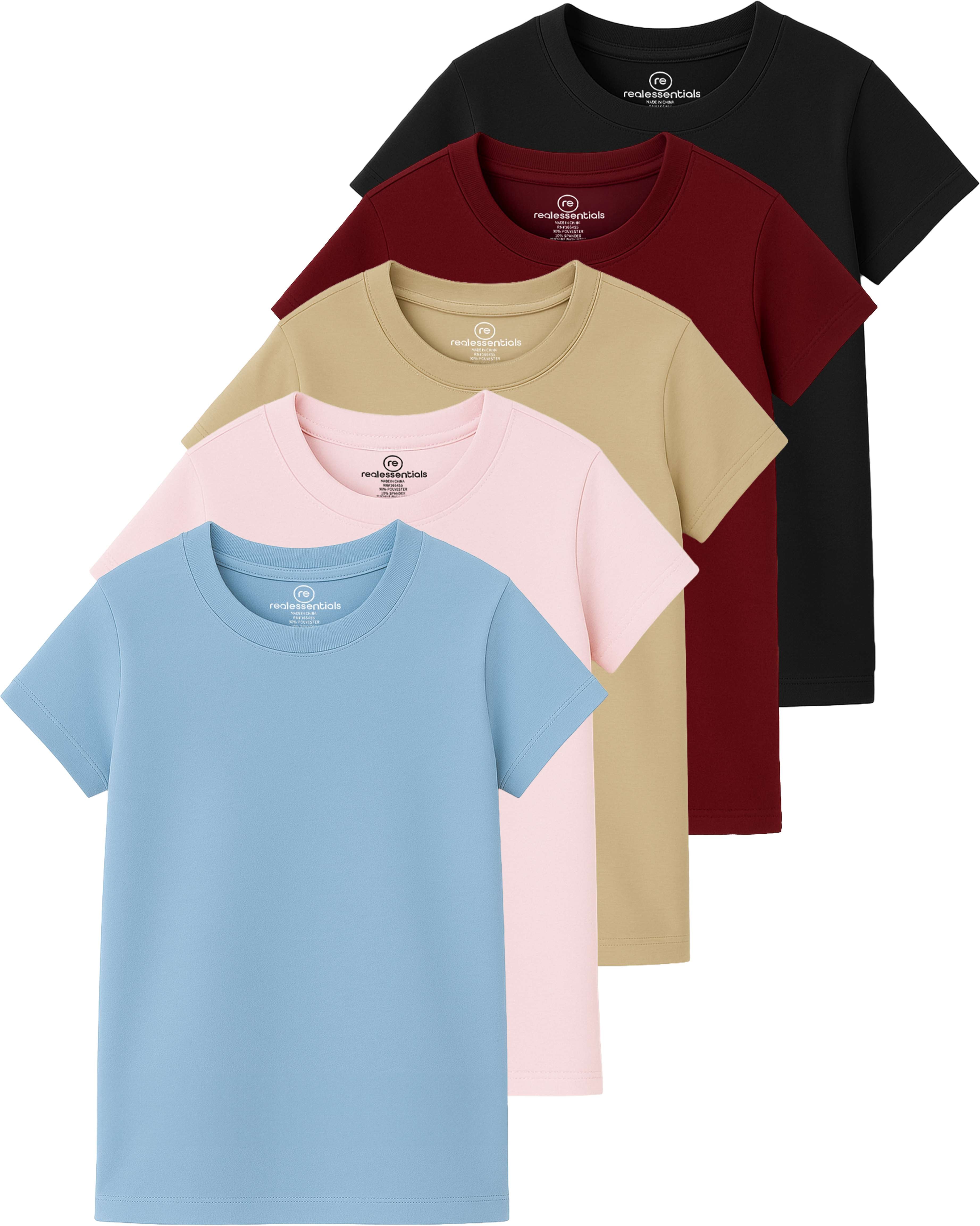 Real Essentials 5 Pack: Girls' Cotton Short Sleeve Crew Neck T-Shirt - Athletic Tee Shirt for Teens Kids Youth (Ages 4-16)