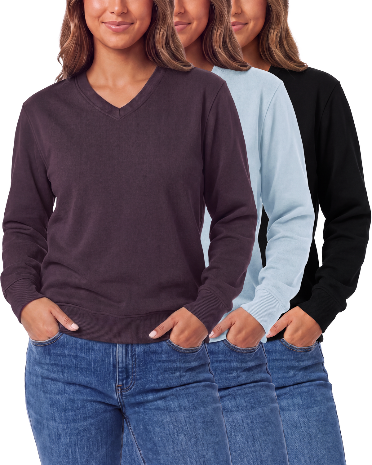 Real Essentials 3 Pack Womens Fleece V Neck Sweatshirt Pullover Sweaters Long Sleeve Top - Solid Black, Solid Plum Perfect, Solid Ballad Blue