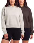 Real Essentials 2 Pack Women's Cropped Hoodies Crop Sweatshirt Ladies Fleece Pullover Top - Solid Chocolate Torte, Solid Moonbeam