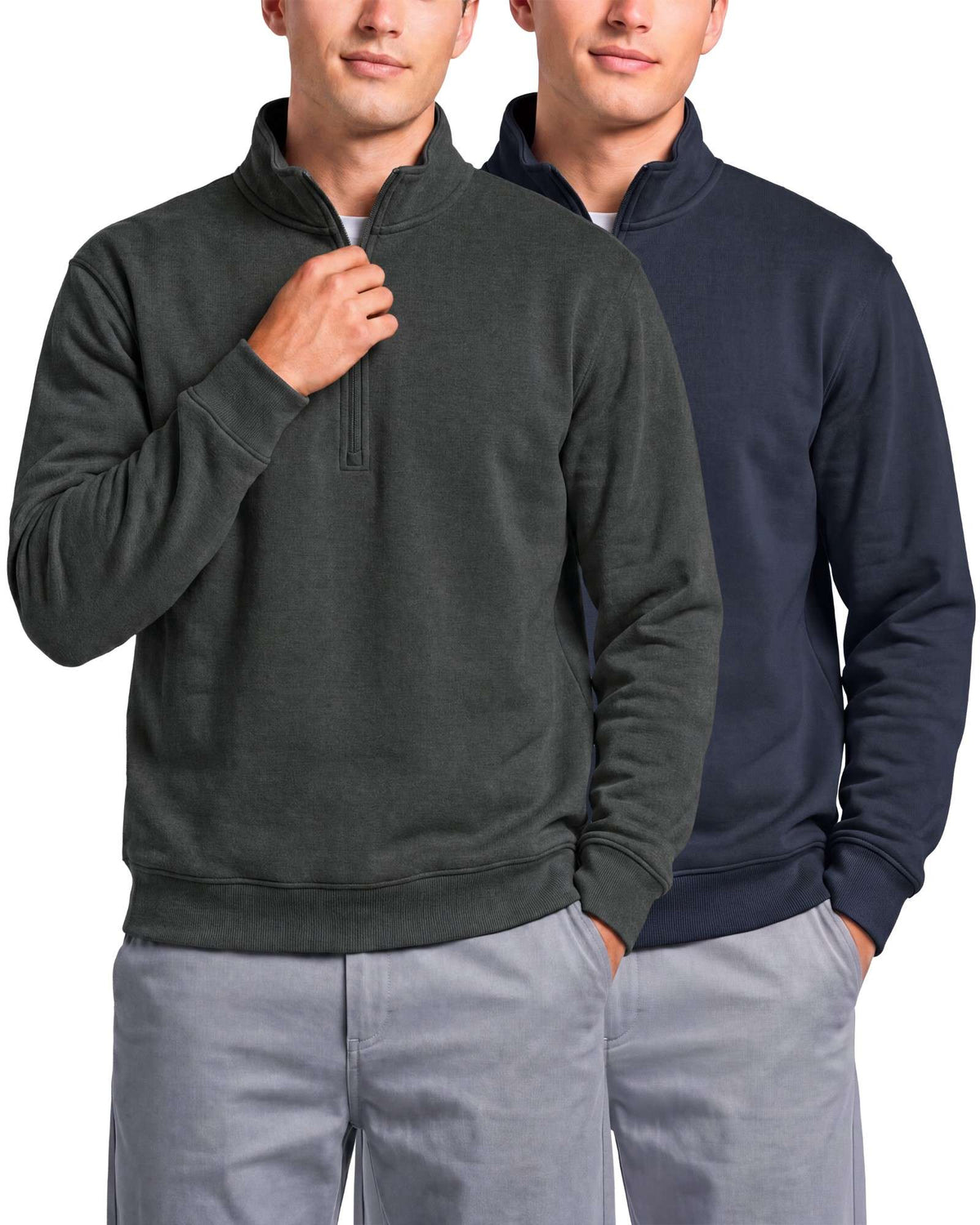 Real Essentials 2 Pack Mens Fleece Sweatshirt Sweater Half Zip Pullover Long Sleeve Casual - Solid Navy Blazer, Charcoal Heather