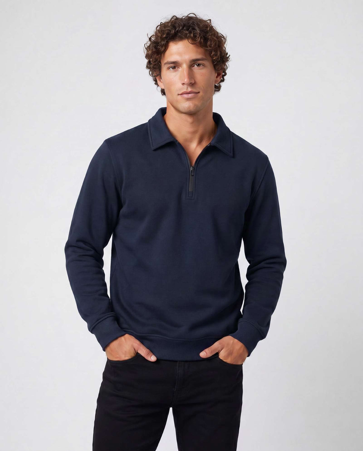 Real Essentials 2 Pack Mens Fleece Quarter Zip Sweatshirt Sweater Collared Long Sleeve Top - Solid Navy Blazer, Solid Vintage Indigo