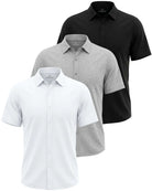 Real Essentials 3 Pack Men's Cotton Short Sleeve Button Down Casual Work Shirt Button Up - Solid Black, Grey Heather, Solid Bright White