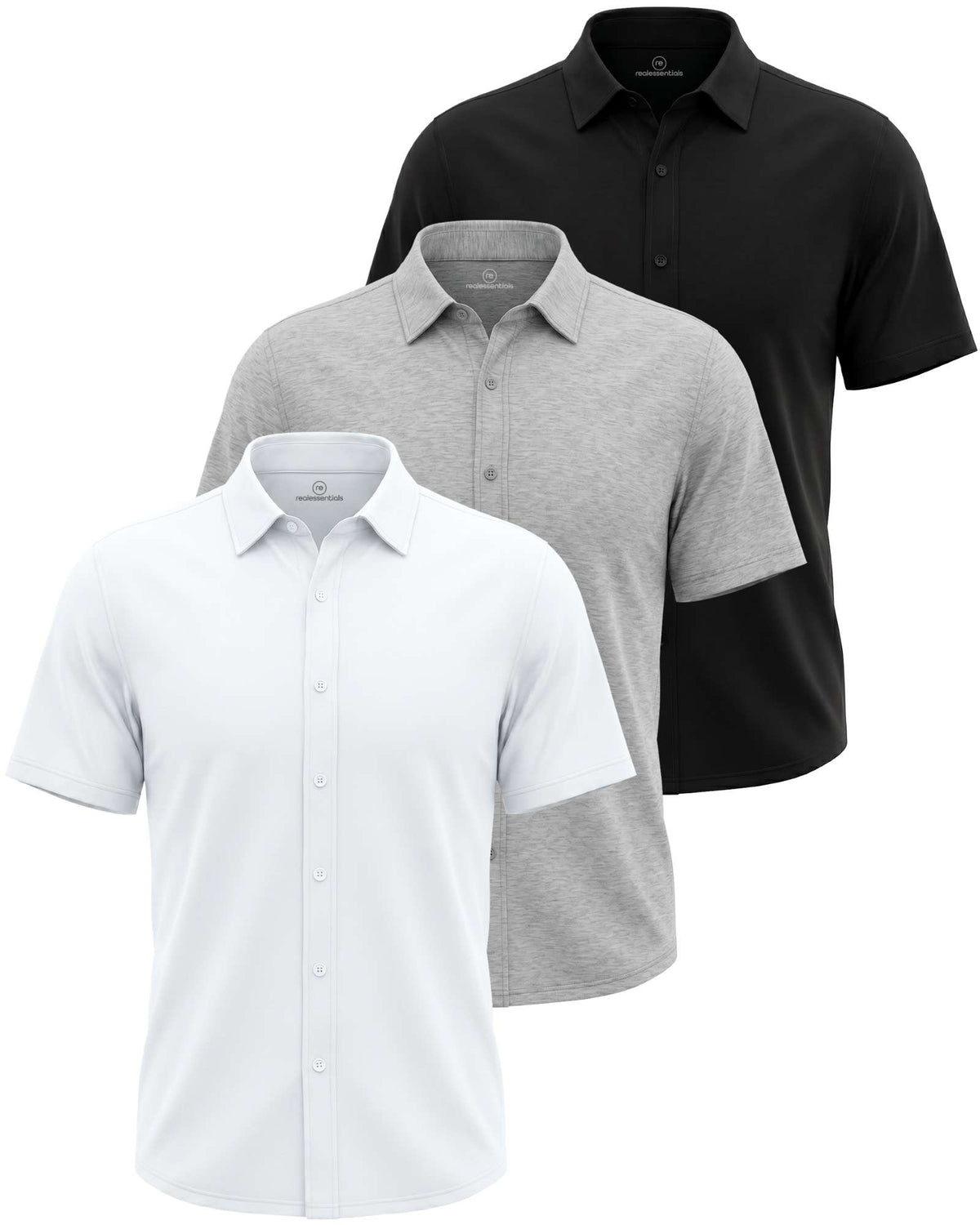 Real Essentials 3 Pack Men's Cotton Short Sleeve Button Down Casual Work Shirt Button Up - Solid Black, Grey Heather, Solid Bright White