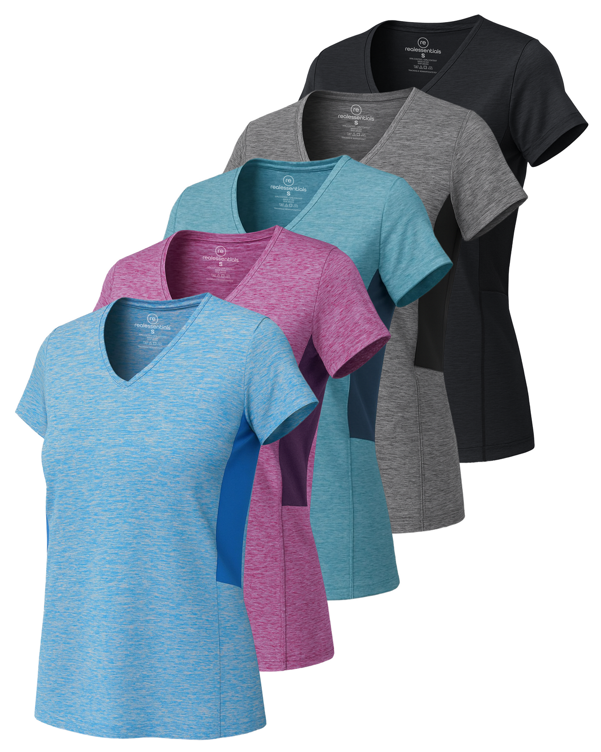 Real Essentials 5 Pack Womens Dry Fit V Neck Workout Tops Athletic T Shirts Gym Yoga Tees - Set 4