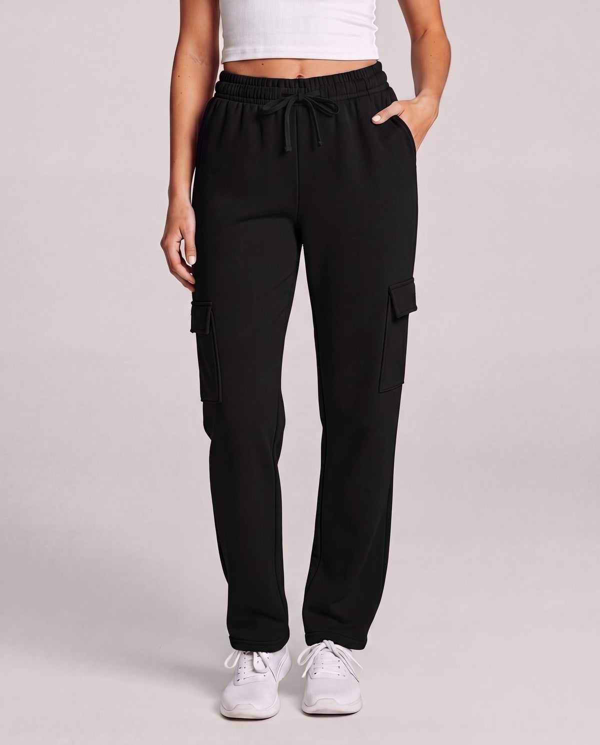 Real Essentials 3 Pack Women's Fleece Cargo Sweatpants Lounge Casual Sweat Pants Pockets - Solid Black, Solid Burgundy, Grey Heather