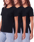 Real Essentials 3 Pack Women's Cotton Tshirts Split Hem Short Sleeve Crew Neck Tees Tops - Solid Black, Solid Black, Solid Black