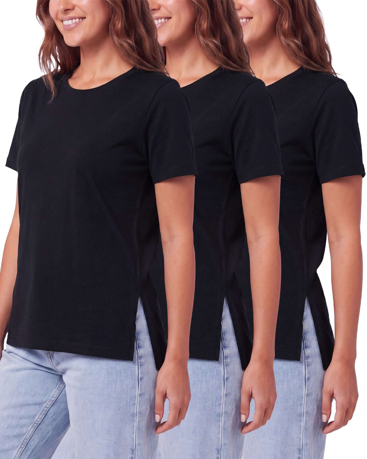 Real Essentials 3 Pack Women's Cotton Tshirts Split Hem Short Sleeve Crew Neck Tees Tops - Solid Black, Solid Black, Solid Black