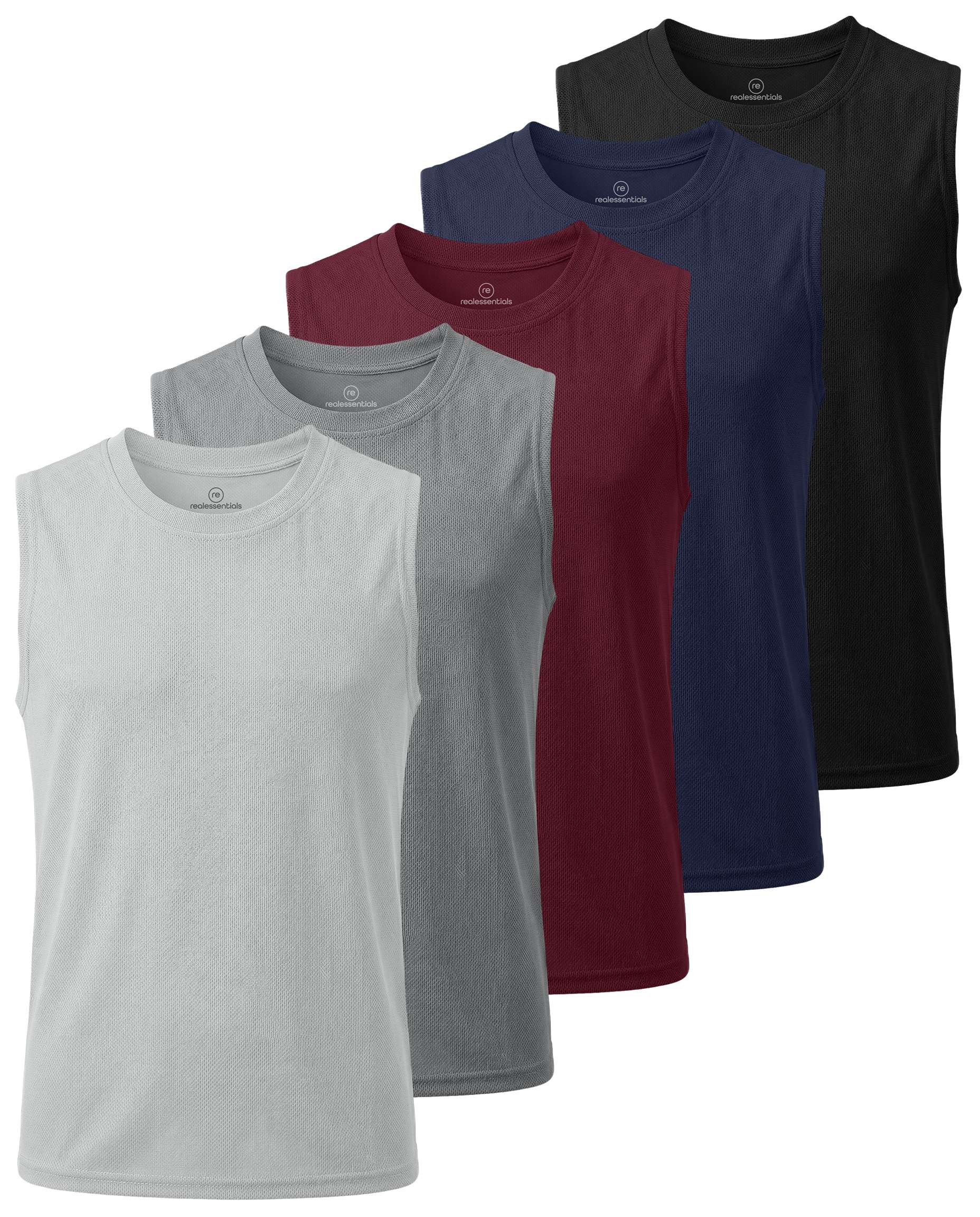 Real Essentials 5 Pack: Boys Mesh Active Tank Tops Athletic Workout Sleeveless Muscle Basketball Sports Dry Fit Teen