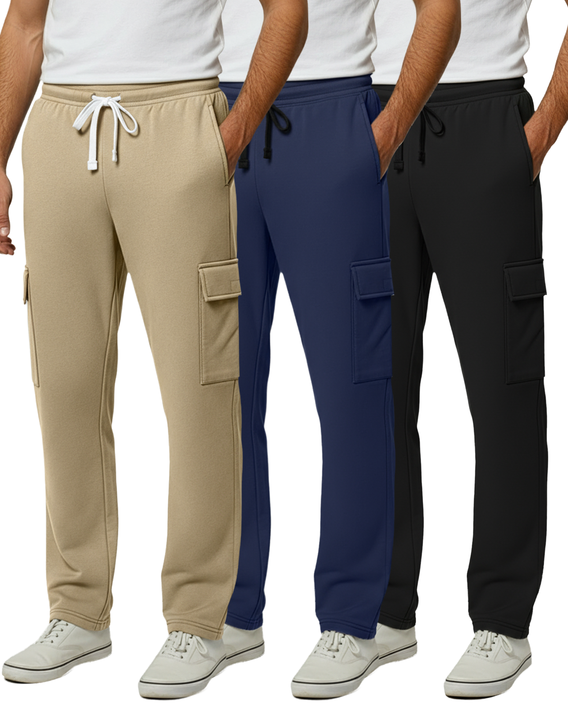 3 Pack: Mens Fleece Cargo Open Bottom Sweatpants
