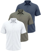 Real Essentials 3 Pack Men's Cotton Short Sleeve Button Down Casual Work Shirt Button Up - Solid Vintage Indigo, Solid Desert Sage, Solid Bright White
