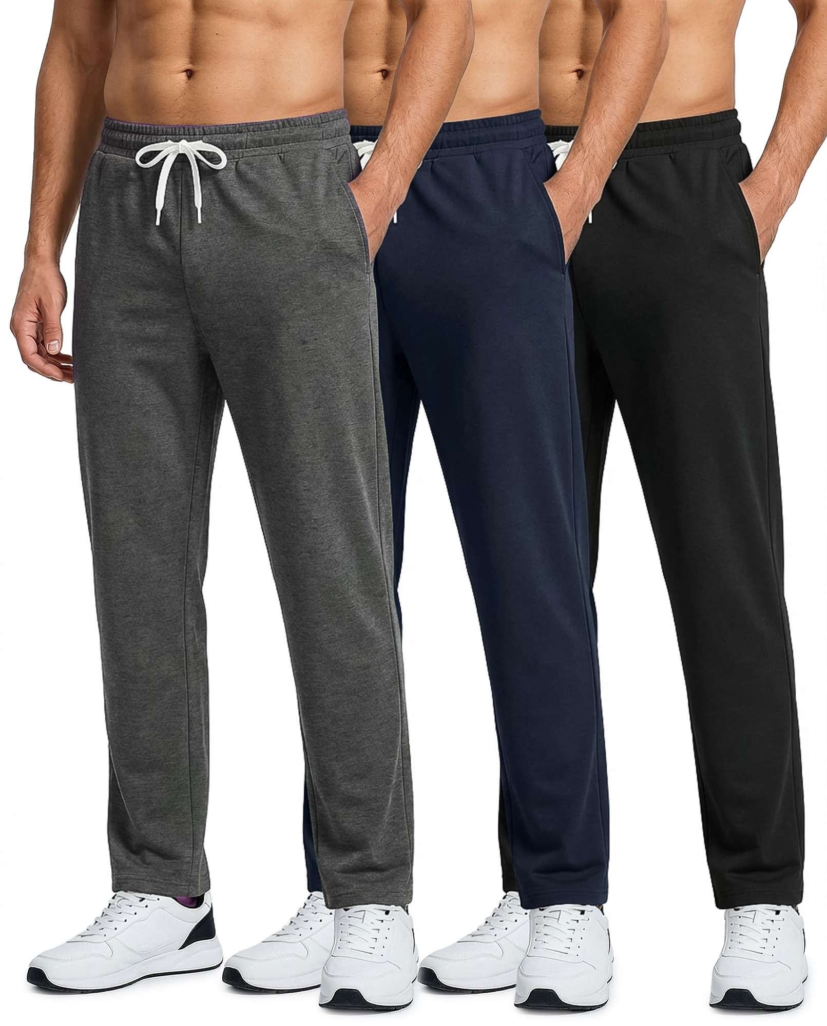 Real Essentials 3 Pack: Men's French Terry Open Bottom Sweatpants - Casual Lounge Comfort Gym with Pockets