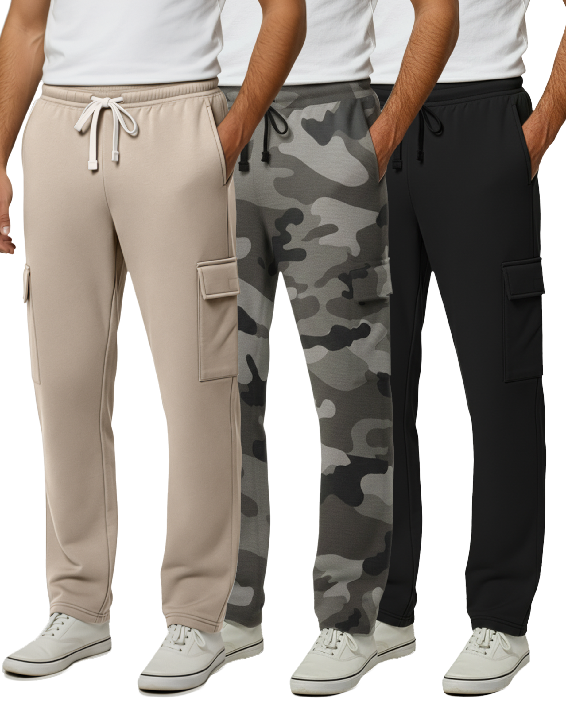 3 Pack: Mens Fleece Cargo Open Bottom Sweatpants
