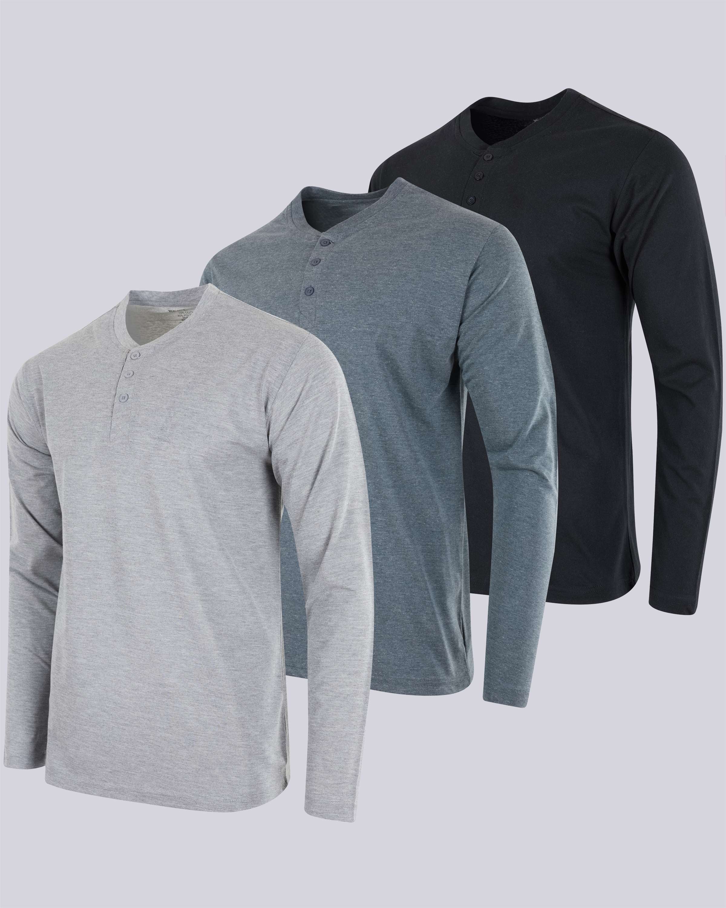 3 Pack: Mens Long Sleeve Cotton Henley T-Shirt