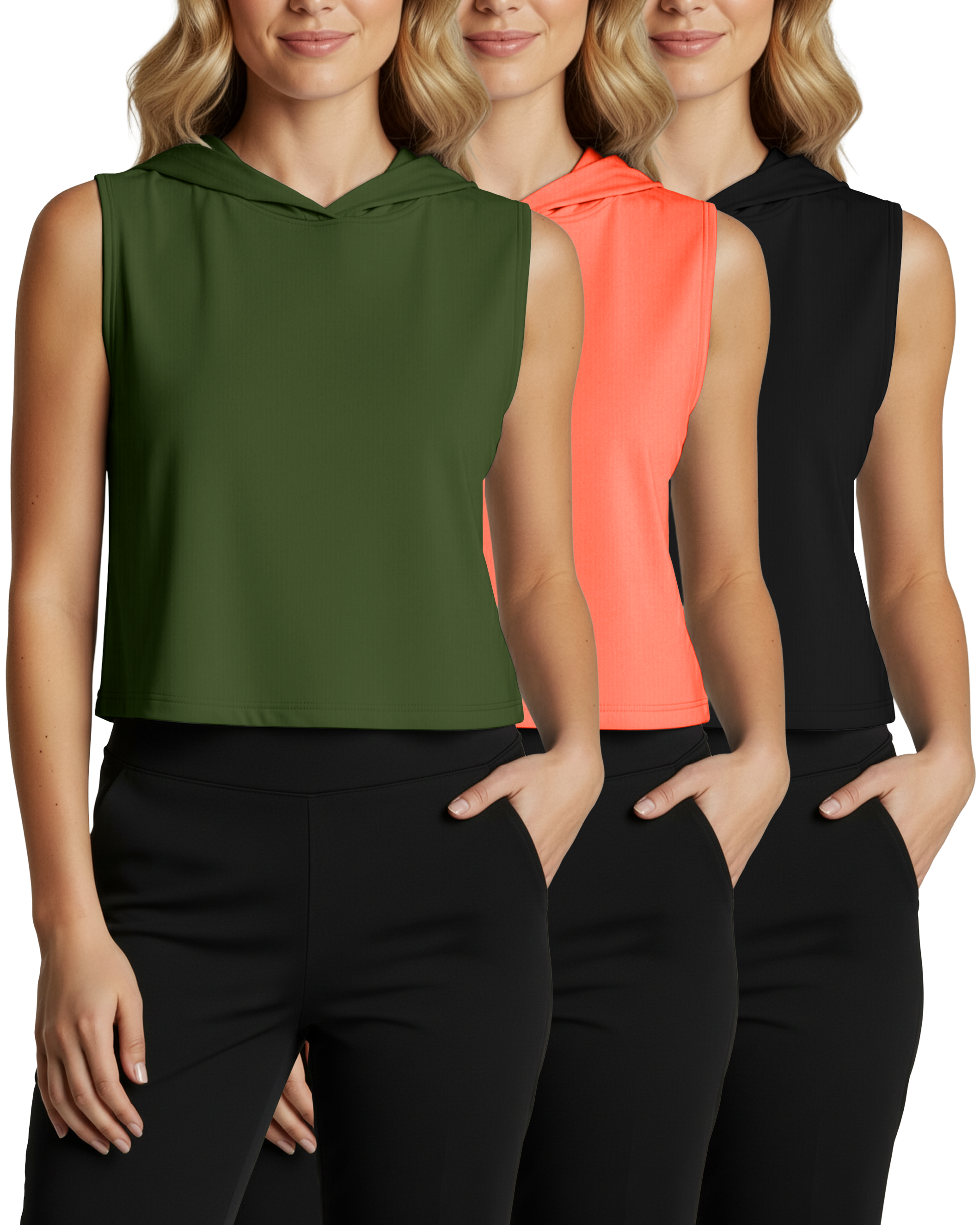 3 Pack: Women's Sleeveless Cropped Tank Top Hoodie