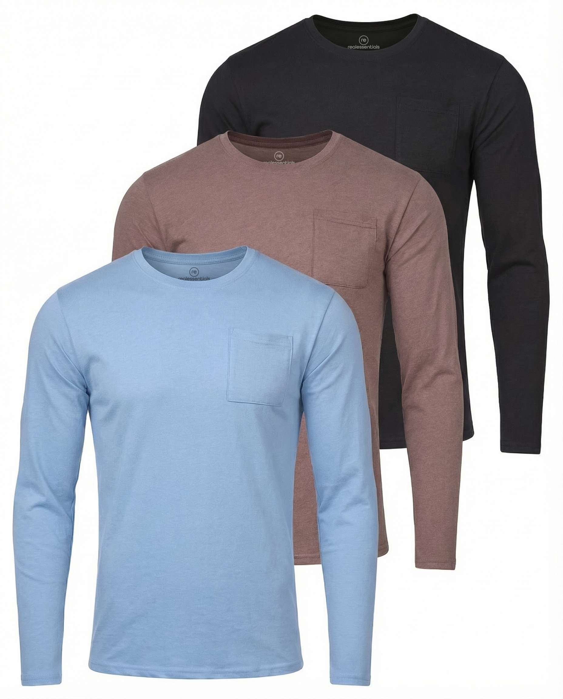 3 Pack: Mens Cotton Long Sleeve Crew Neck Pocket T-Shirt