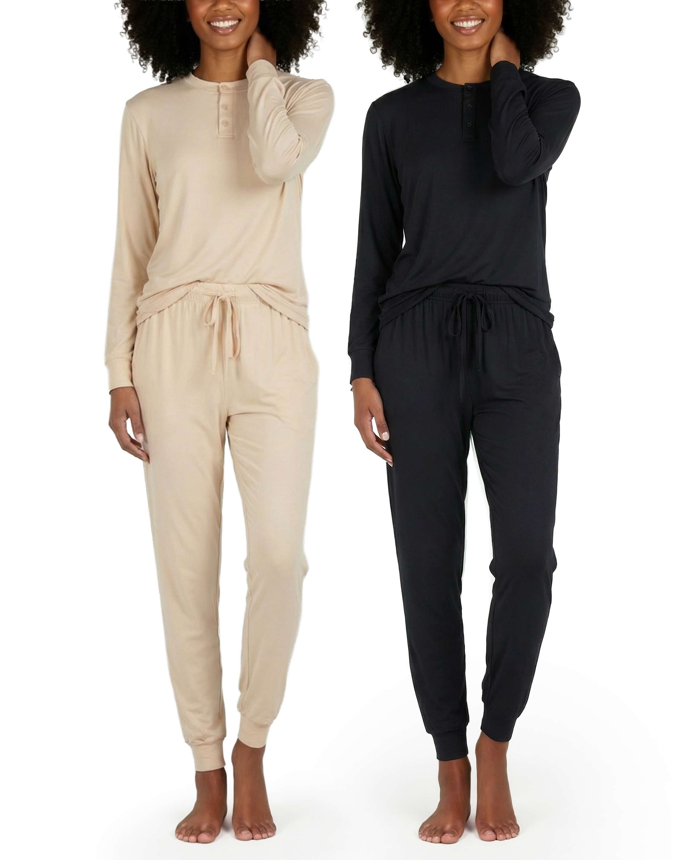 4 Piece: Womens Long Sleeve Henley & Jogger Lounge Pajama Set