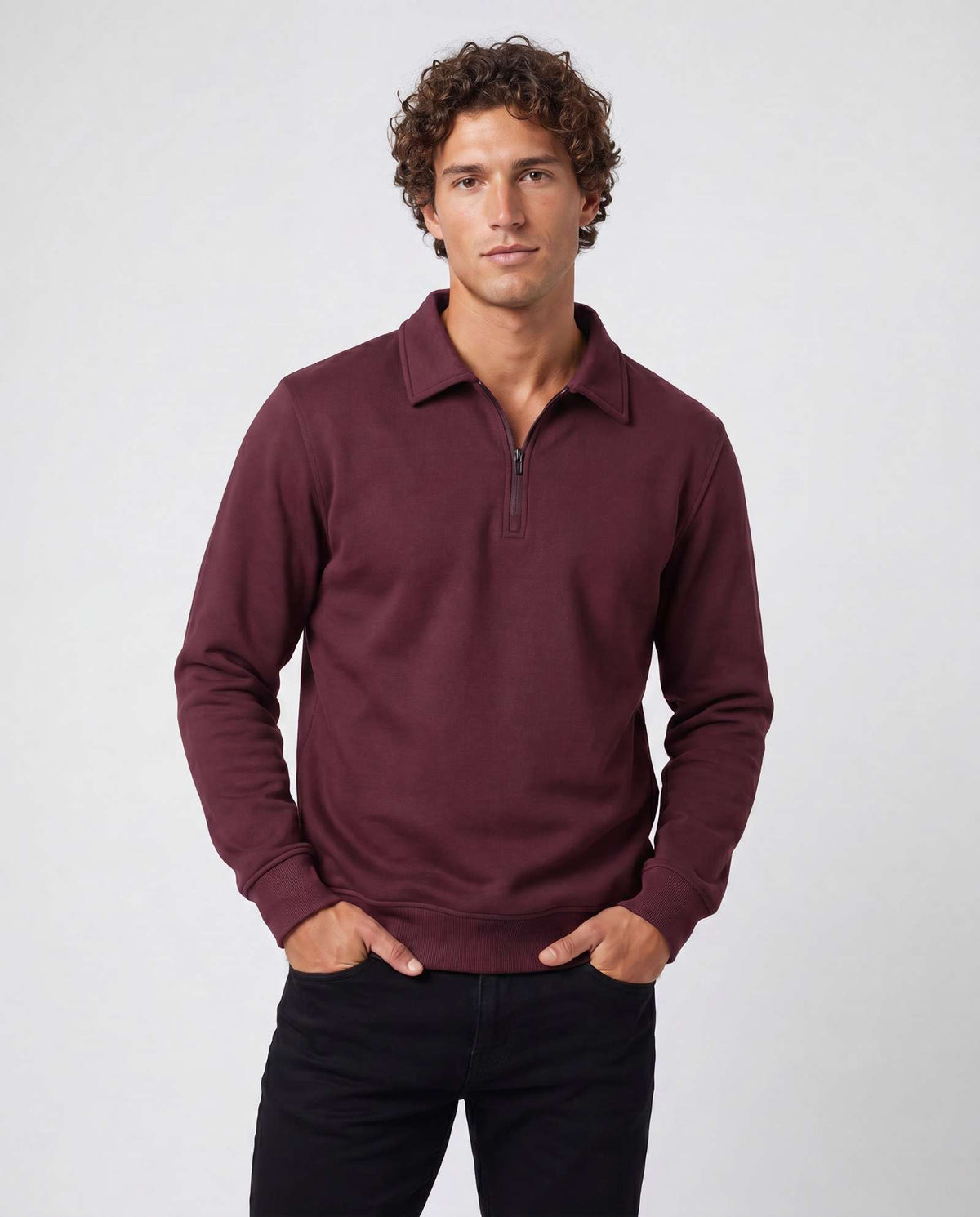 Real Essentials 2 Pack Mens Fleece Quarter Zip Sweatshirt Sweater Collared Long Sleeve Top - Solid Burgundy, Grey Heather