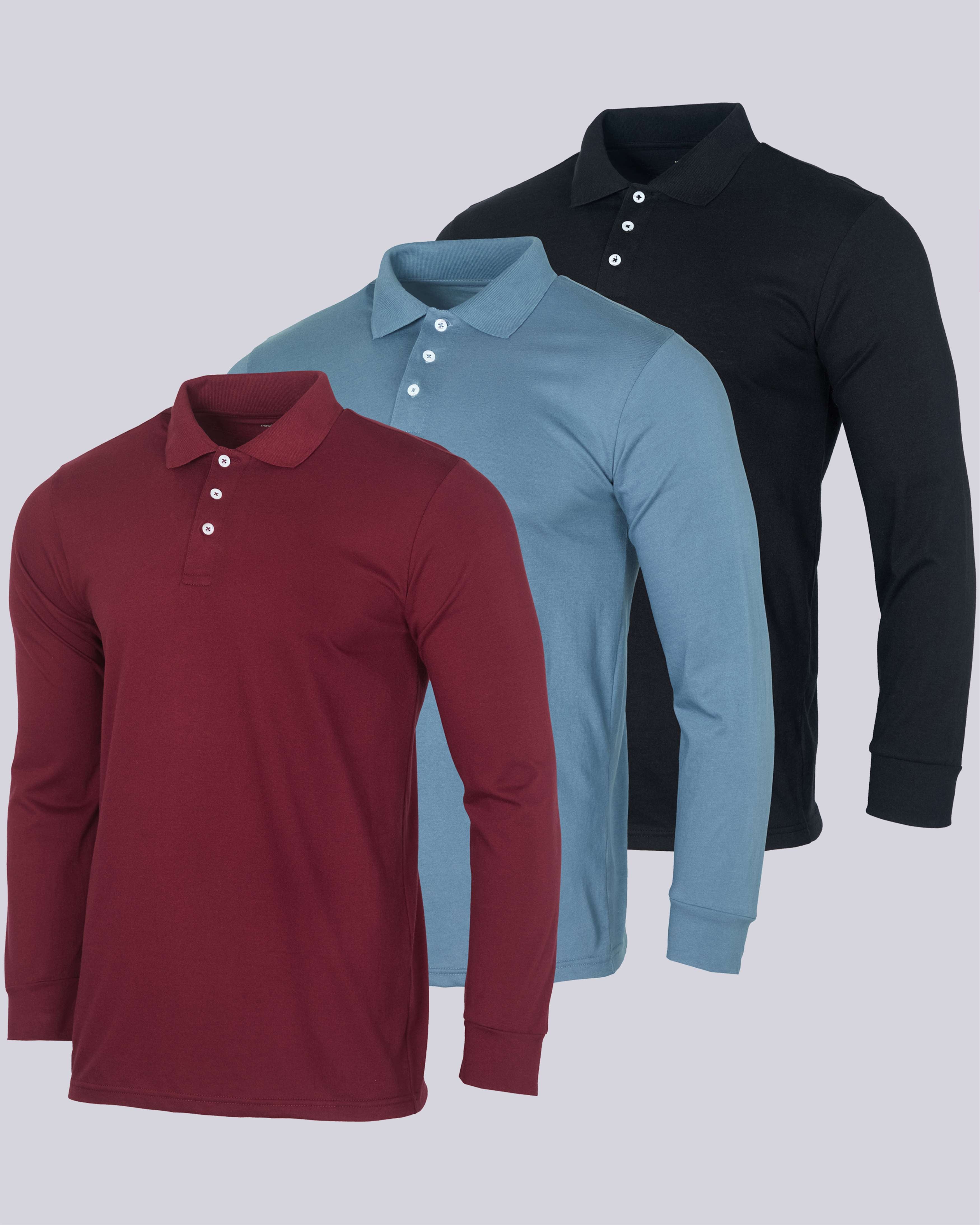 3 Pack: Men's Cotton Jersey Long-Sleeve Polo Shirt (Available in Big & Tall)