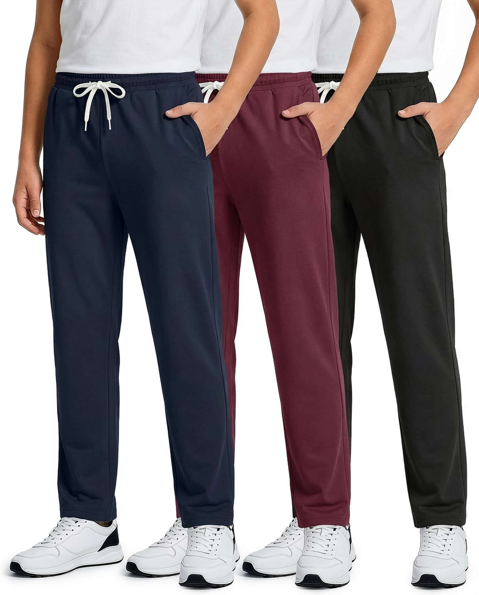 Real Essentials 3 Pack: Boys' French Terry Open Bottom Sweatpants Sweats for School Kids Teens with Pockets (Size 4-18)