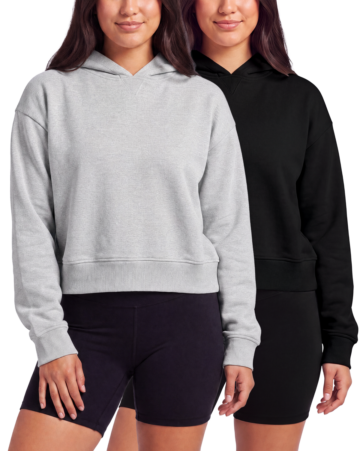 Real Essentials 2 Pack Women's Cropped Hoodies Crop Sweatshirt Ladies Fleece Pullover Top - Solid Black, Grey Heather