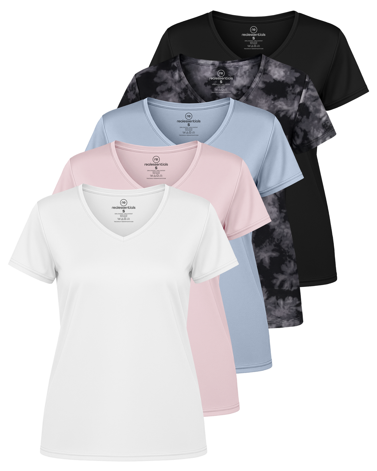 Real Essentials 5 Pack Womens Dry Fit V Neck Workout Tops Athletic T Shirts Gym Yoga Tees - Set 16