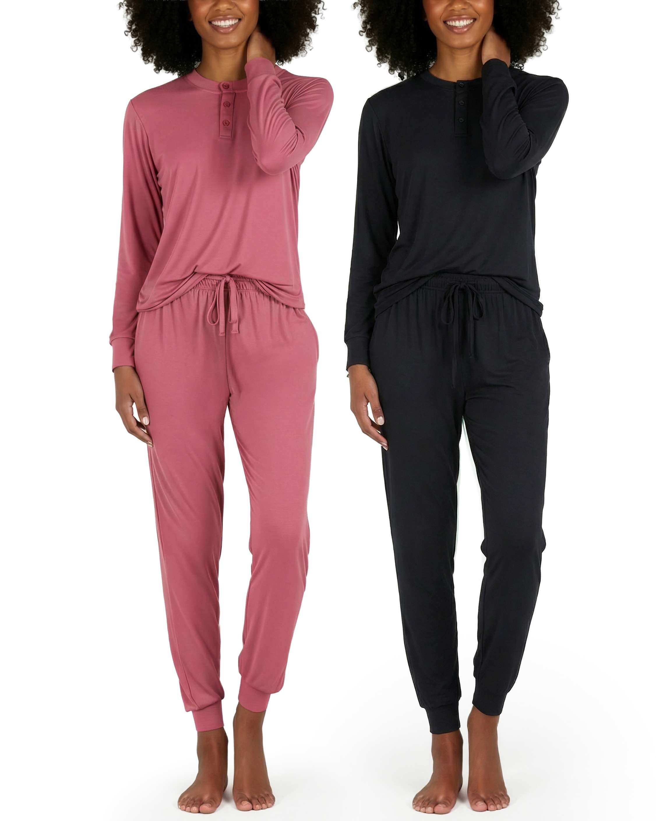 4 Piece: Womens Long Sleeve Henley & Jogger Lounge Pajama Set