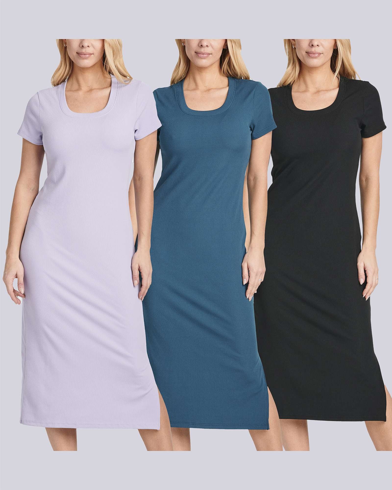 3 Pack: Women's Ribbed Jersey Crew Neck Midi Dress