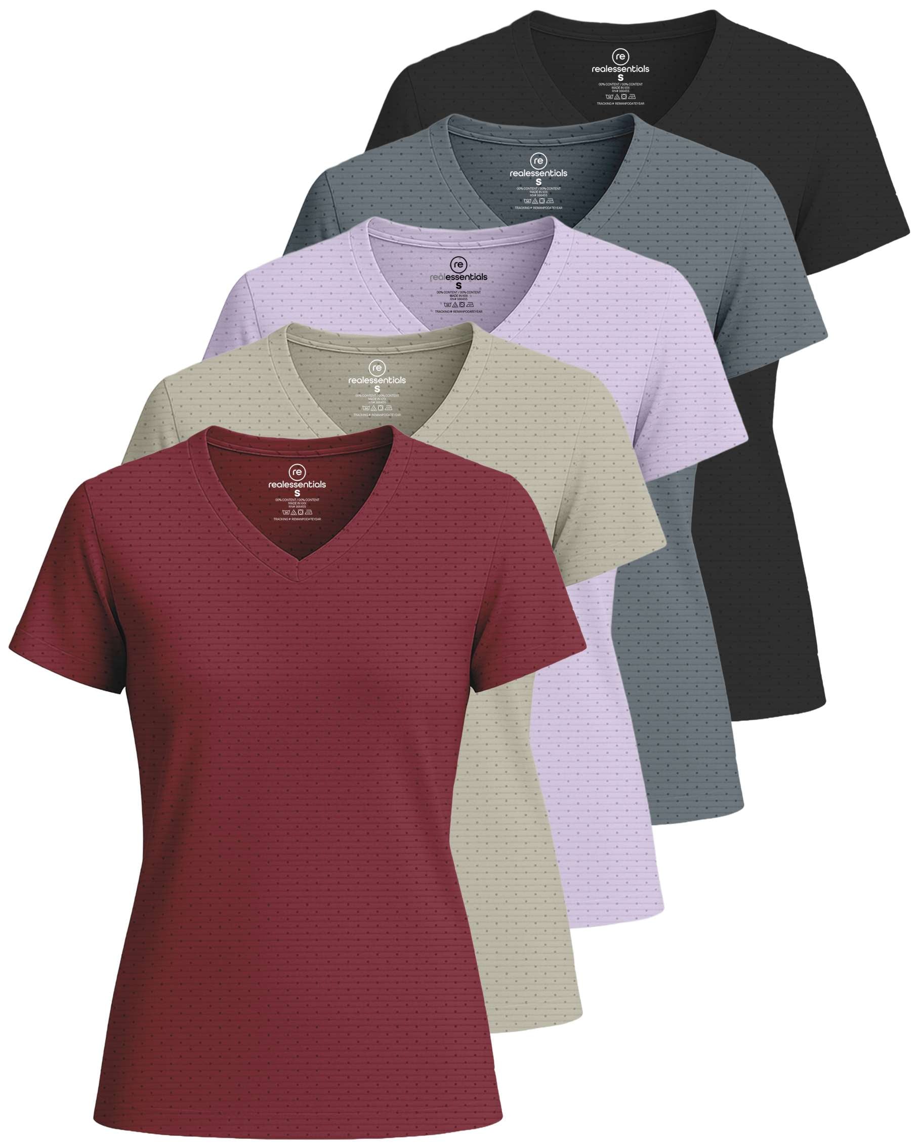 Real Essentials 5 Pack: Women's Short Sleeve Breeze Tech V-Neck T Shirt –Workout Top Wicking Dry Fit Athletic Tee (Plus)
