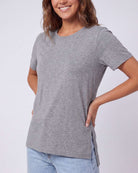 Real Essentials 3 Pack Women's Cotton Tshirts Split Hem Short Sleeve Crew Neck Tees Tops - Solid Black, Solid Bright White, Grey Heather