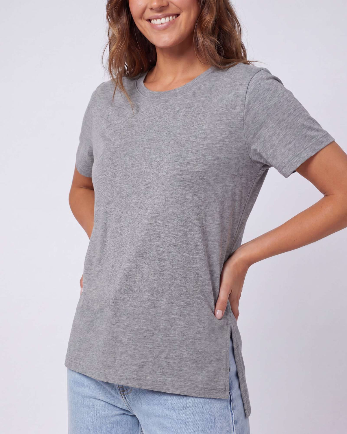 Real Essentials 3 Pack Women's Cotton Tshirts Split Hem Short Sleeve Crew Neck Tees Tops - Solid Black, Solid Bright White, Grey Heather